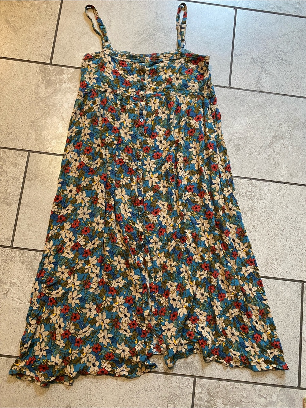NATURAL LIFE Blue Floral Button Front Midi Dress with Red & White Blooms